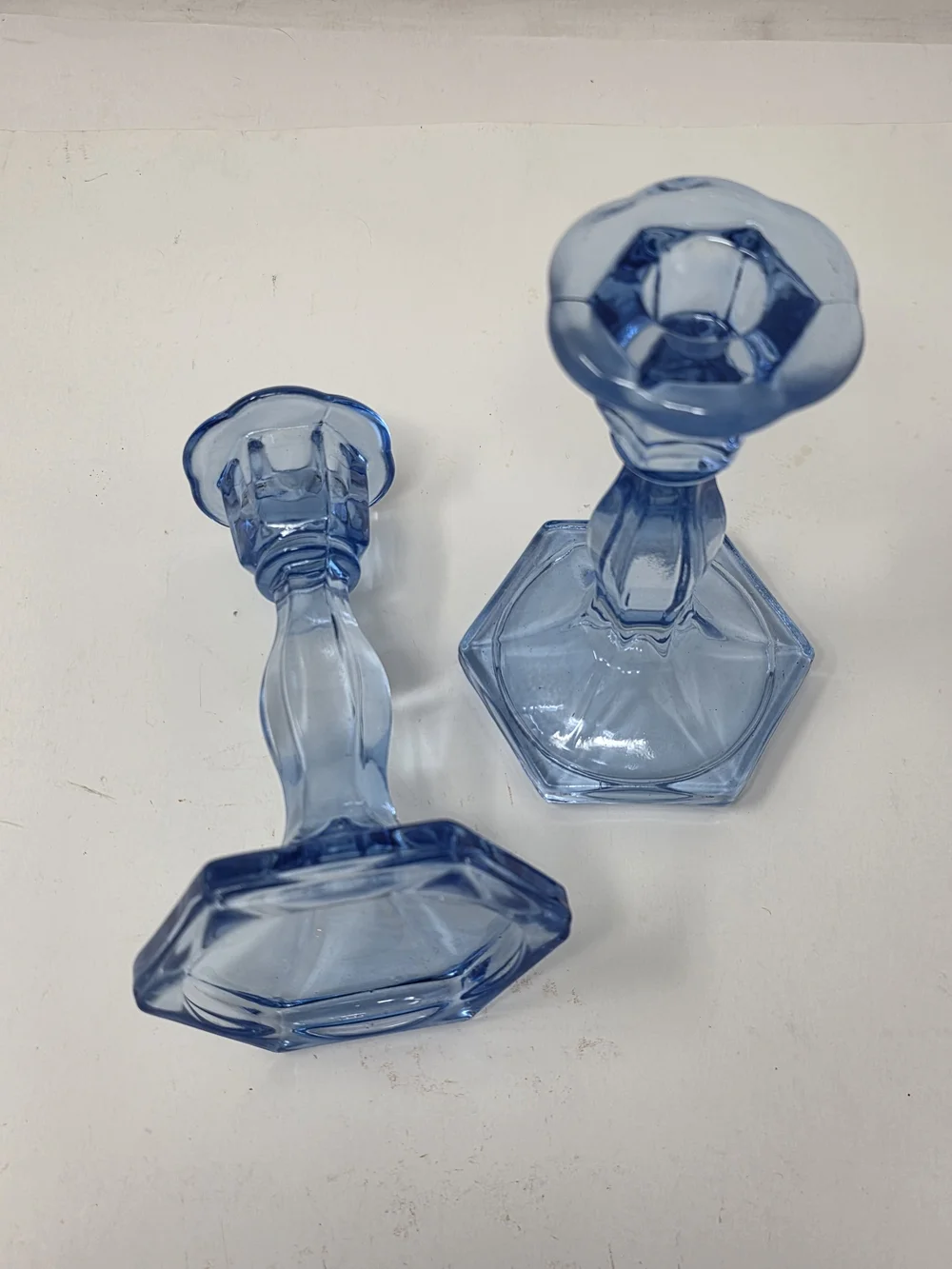 Vintage Blue Glass Candlestick Holders Pair Hexagon Base Taper Candle Shabby 6
